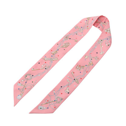 ツイリー LES CLES A POIS リボン スカーフ シルク ピンク エルメス