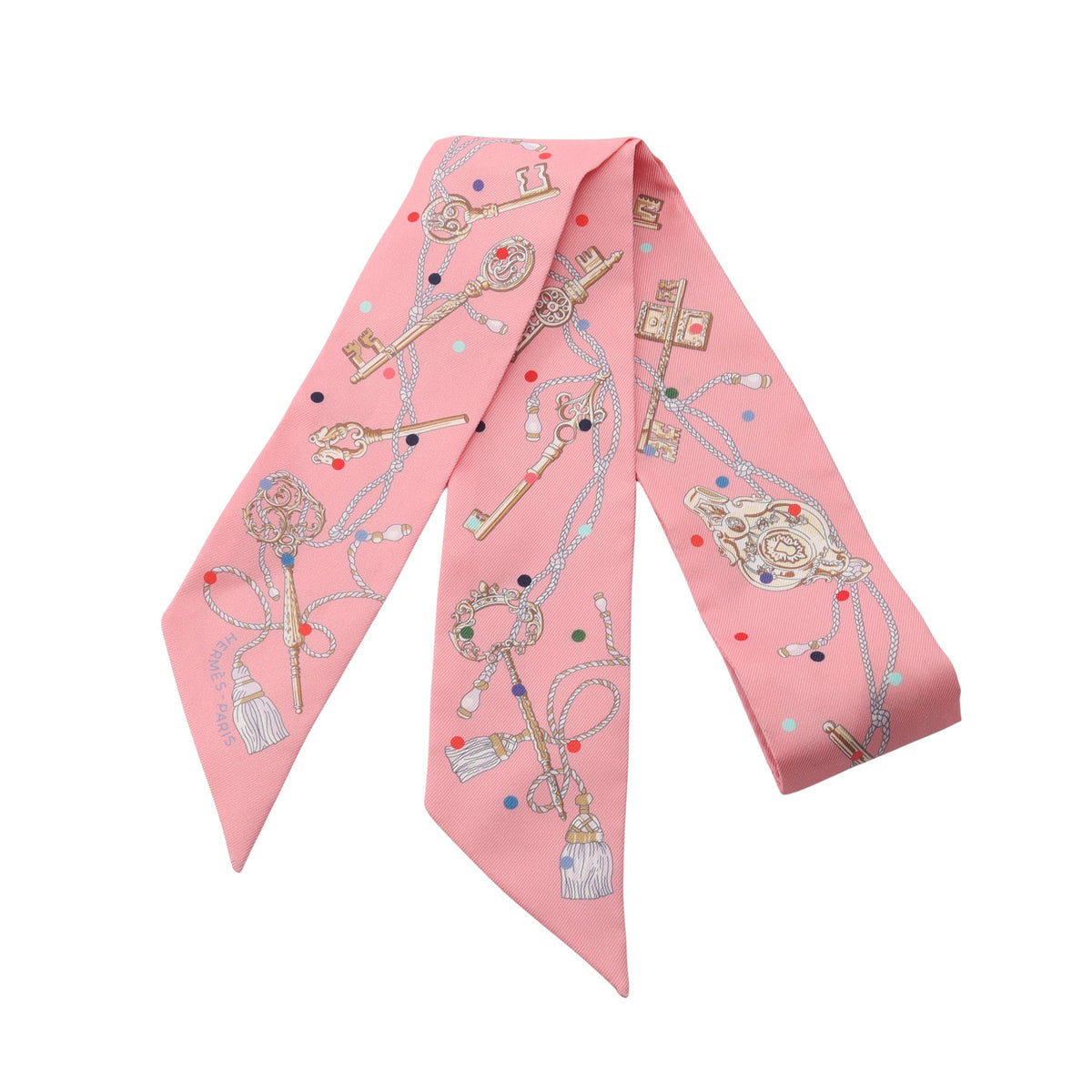ツイリー LES CLES A POIS リボン スカーフ シルク ピンク エルメス