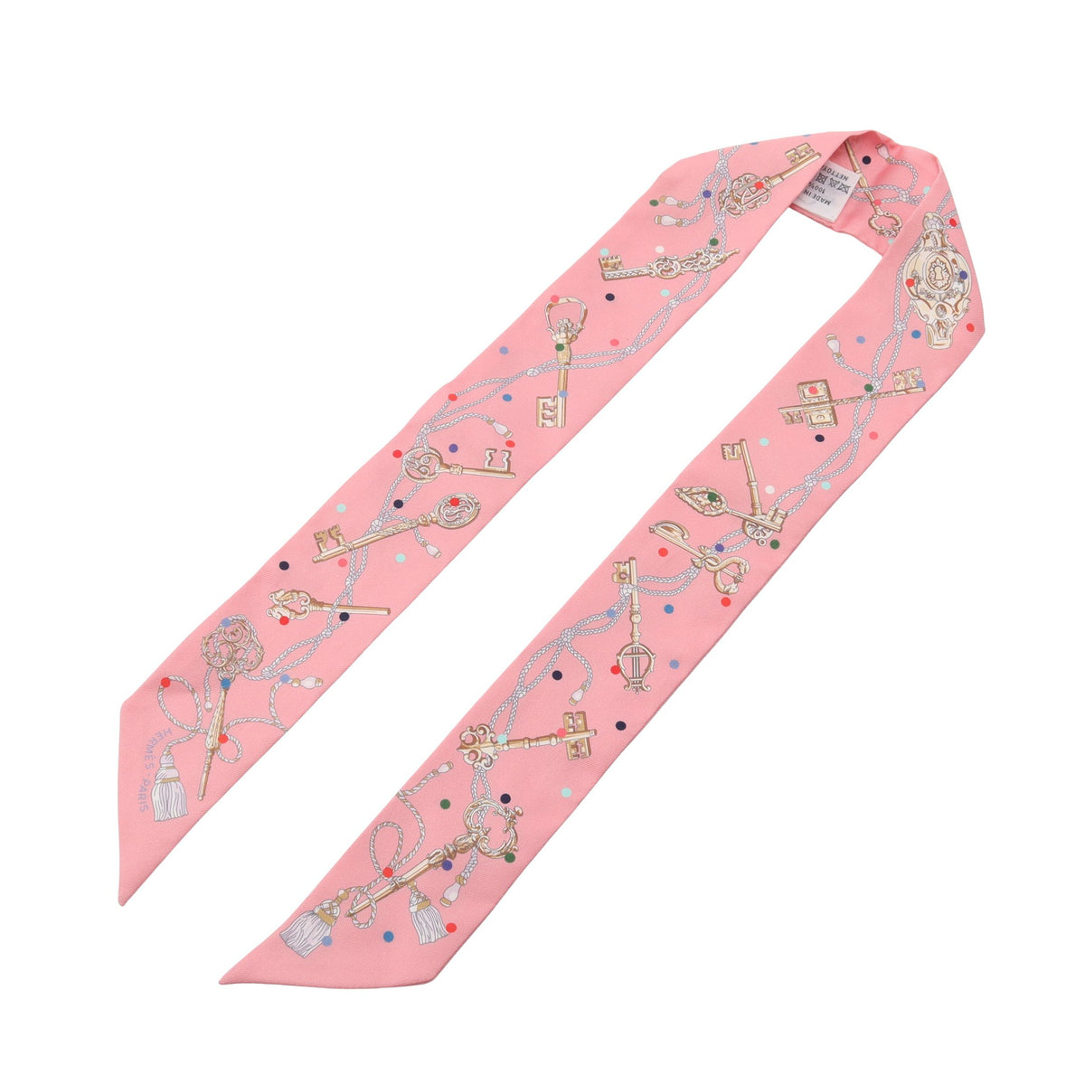 ツイリー LES CLES A POIS リボン スカーフ シルク ピンク エルメス