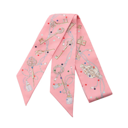 ツイリー LES CLES A POIS リボン スカーフ シルク ピンク エルメス