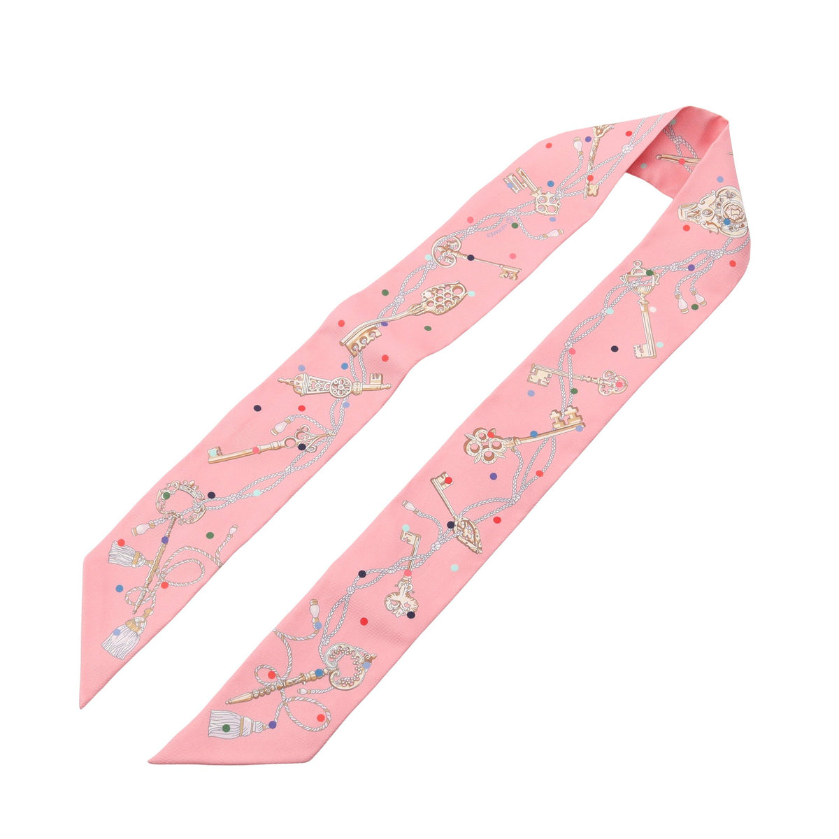 ツイリー LES CLES A POIS リボン スカーフ シルク ピンク エルメス