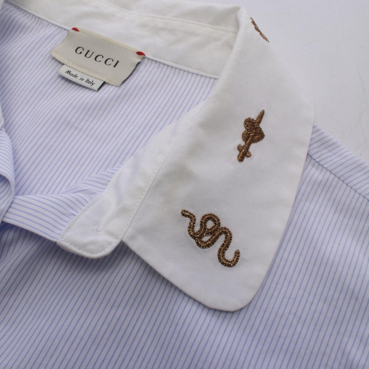 シンボルズ 刺繍 ストライプ キッズ シャツ コットン ホワイト ライトブルー グッチ トップス GUCCI