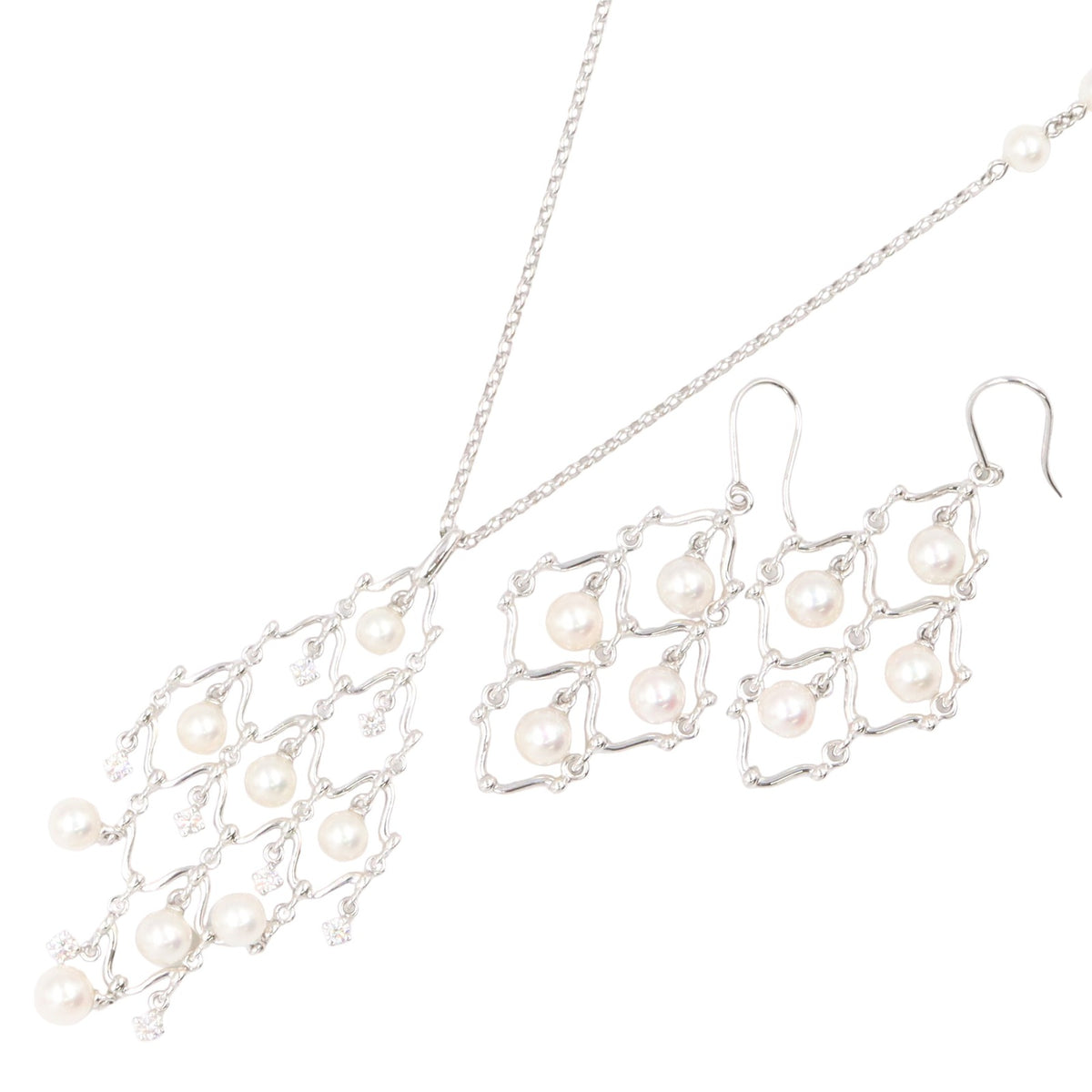 シャンデリアドロップ パール ネックレス ピアス 2点セット ネックレス K18WG パール ダイヤモンド ホワイトゴールド ホワイト クリア ミキモト