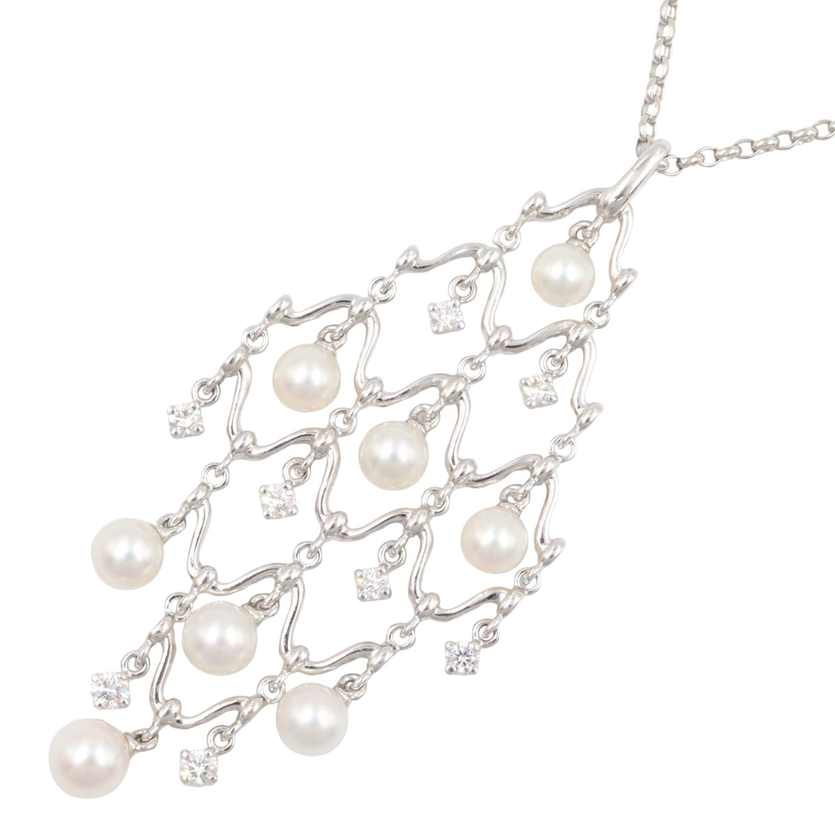 シャンデリアドロップ パール ネックレス ピアス 2点セット ネックレス K18WG パール ダイヤモンド ホワイトゴールド ホワイト クリア ミキモト