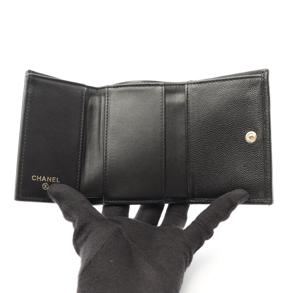ココマーク スモールフラップ 三つ折り財布 キャビアスキン ブラック ゴールド金具 シャネル