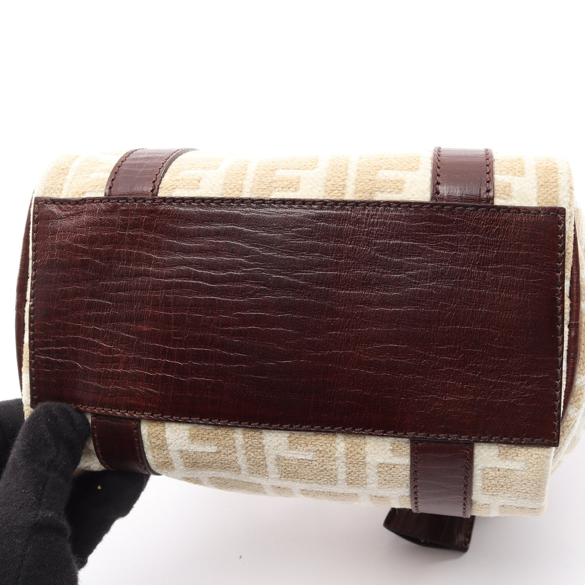 ズッカ ミニボストンバッグ ベロア レザー ベージュ オフホワイト ブラウン フェンディ