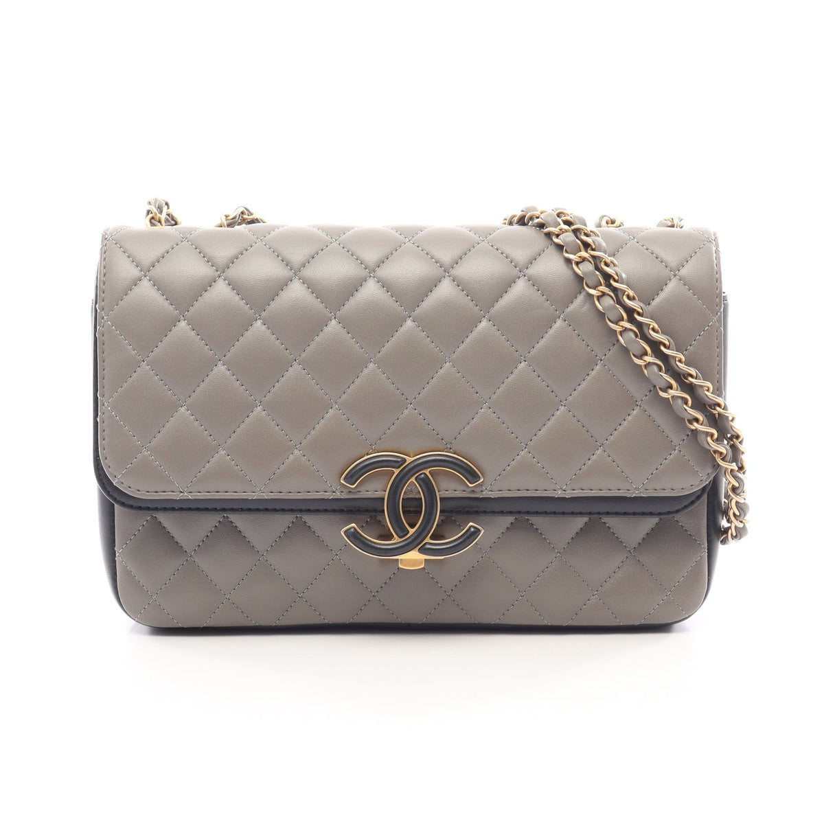 マトラッセ Wフラップ Wチェーンショルダーバッグ ラムスキン グレー ブラック ゴールド金具 シャネル バッグ CHANEL