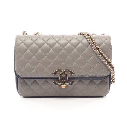 マトラッセ Wフラップ Wチェーンショルダーバッグ ラムスキン グレー ブラック ゴールド金具 シャネル バッグ CHANEL