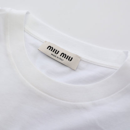 ロゴ刺繍 ポケット付き 半袖Tシャツ コットン ホワイト ミュウミュウ