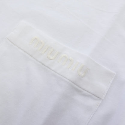 ロゴ刺繍 ポケット付き 半袖Tシャツ コットン ホワイト ミュウミュウ