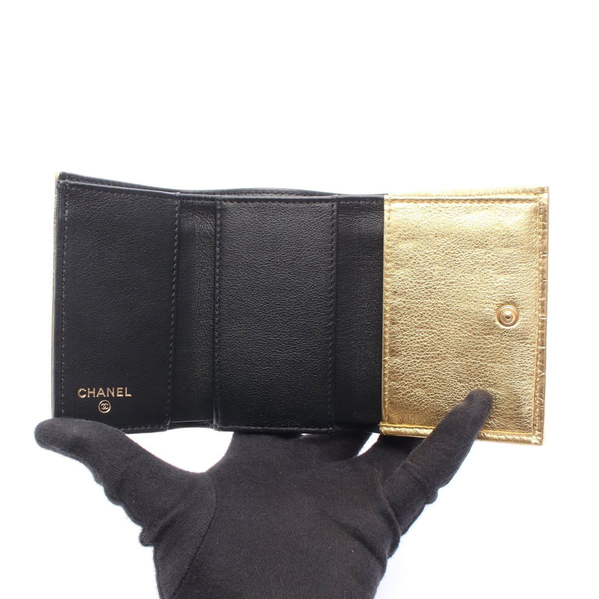 クラシック スモール ウォレット クロコ型押し 三つ折り財布 レザー ゴールド ゴールド金具 シャネル