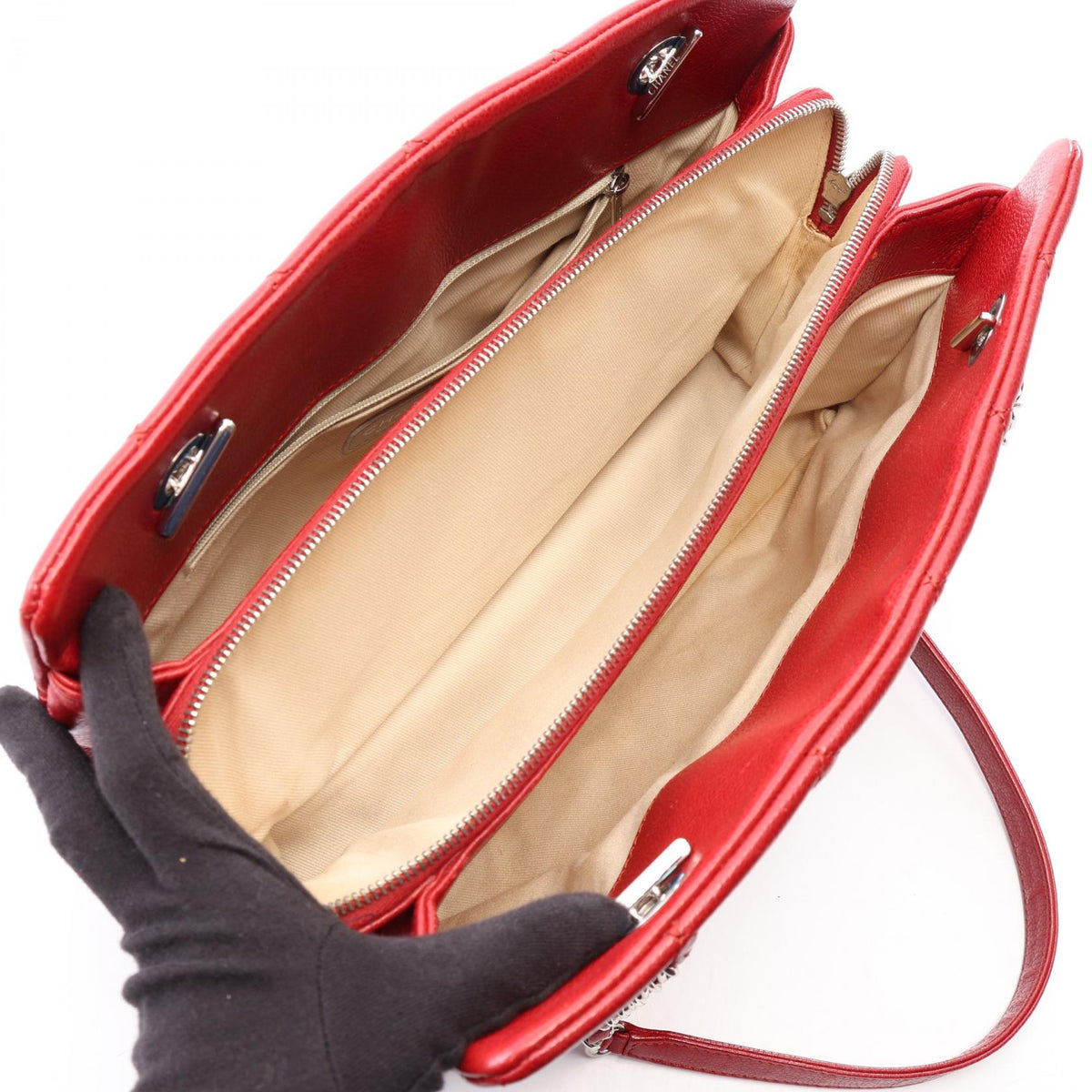 マトラッセ チェーンショルダーバッグ チェーントートバッグ キャビアスキン レッド シルバー金具 シャネル