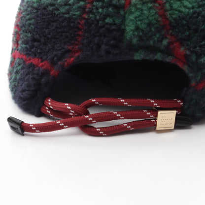 チェック柄 ロゴ刺繍 ボア キャップ 帽子 ウール ネイビー グリーン レッド ミュウミュウ