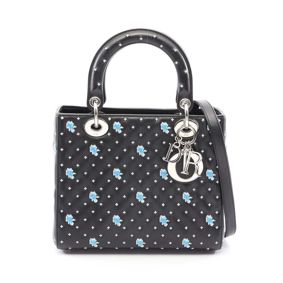 LADY DIOR レディディオール 2WAY ハンドバッグ レザー ブラック ホワイト ライトブルー クリスチャンディオール