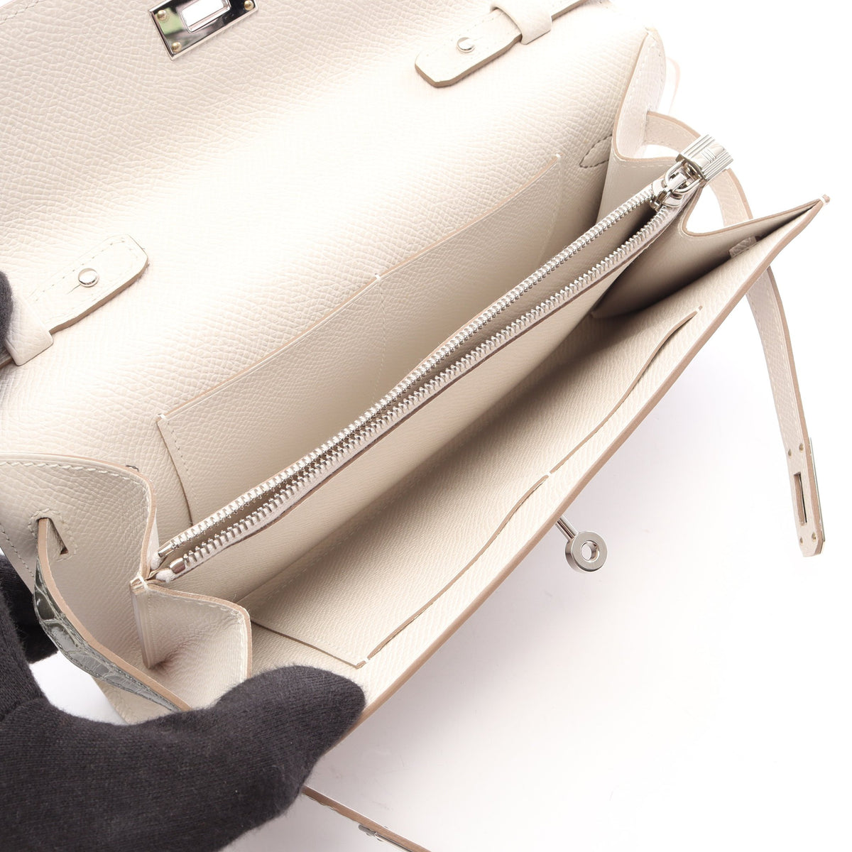 ケリーロング トゥーゴー 外縫い グリペール グリシマン ショルダーバッグ ヴォーエプソン アリゲーターリセ オフホワイト グレー シルバー金具 B刻印 エルメス バッグ HERMES