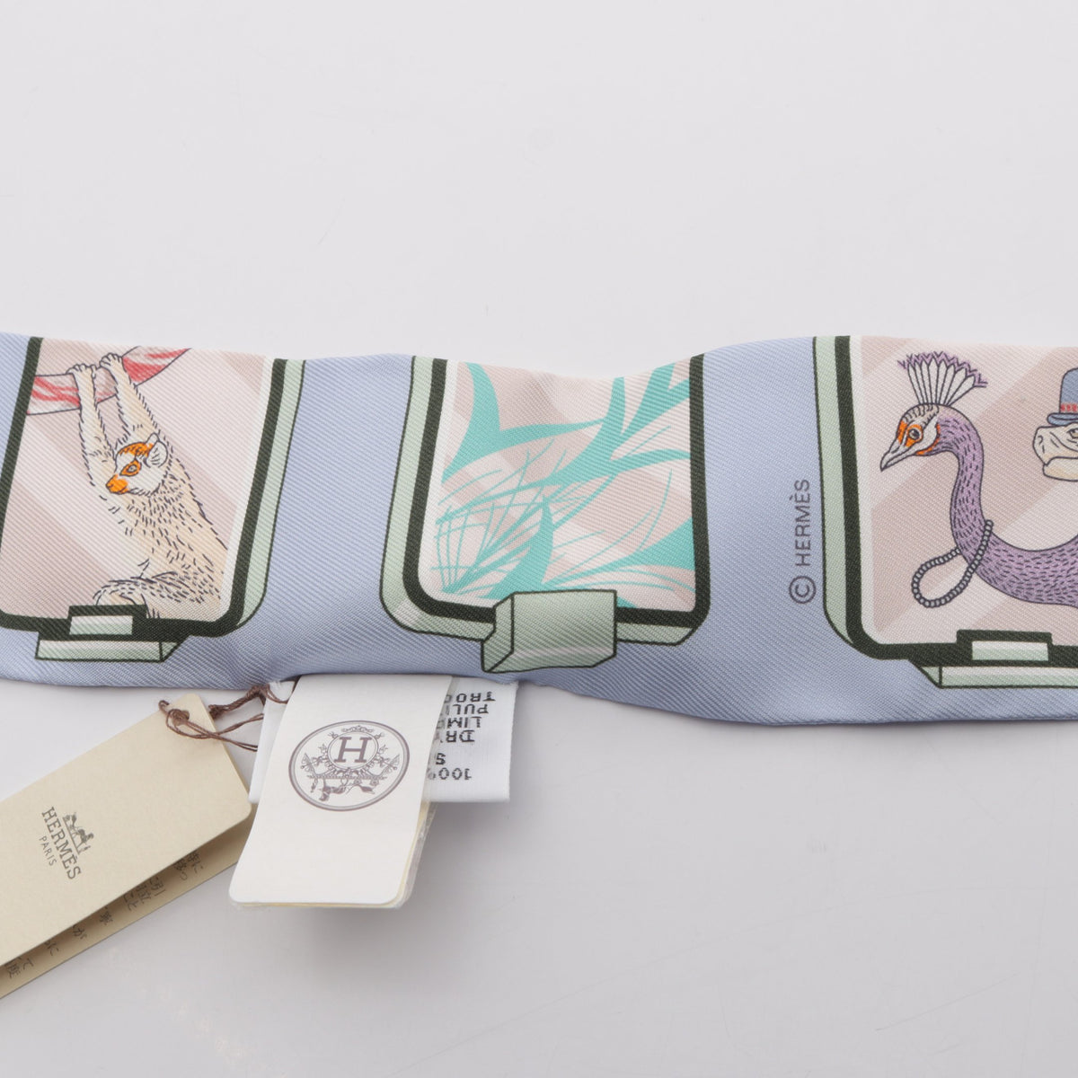 ツイリー HERMES STORY リボン スカーフ シルク ブルーグレー ベージュ エルメス