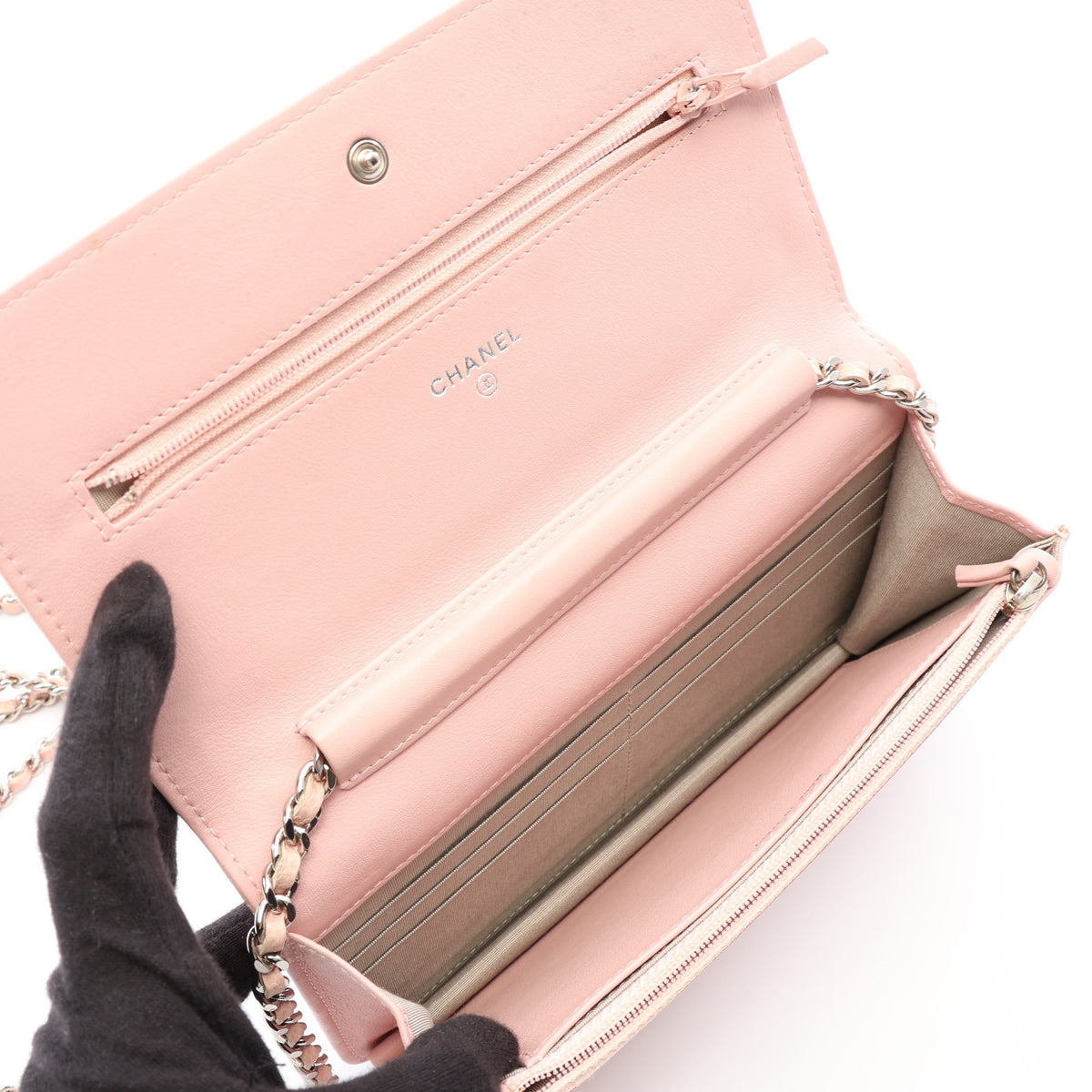 ココマーク チェーンウォレット キャビアスキン ライトピンク シルバー金具 シャネル