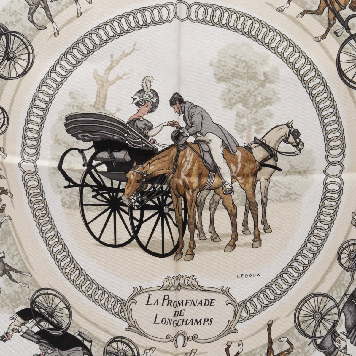 カレ90 LA PROMENADE DE LONGCHAMPS スカーフ シルク オフホワイト ブラック エルメス