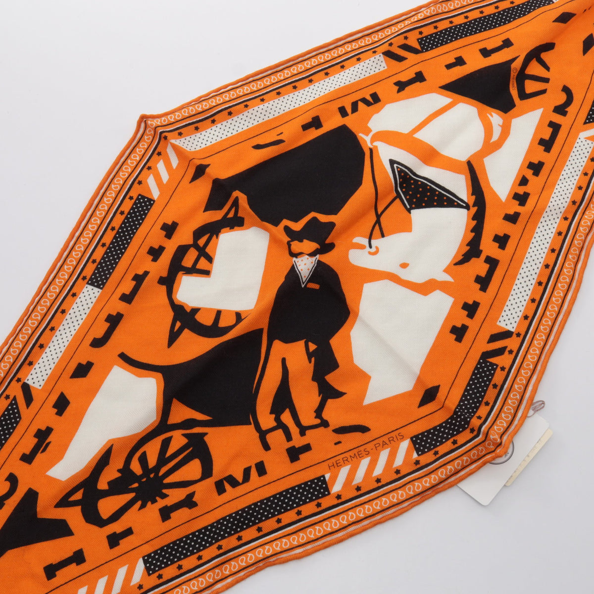 ロザンジュ PUZZLE スカーフ カシミヤ シルク オレンジ ブラック オフホワイト エルメス 財布・小物 HERMES