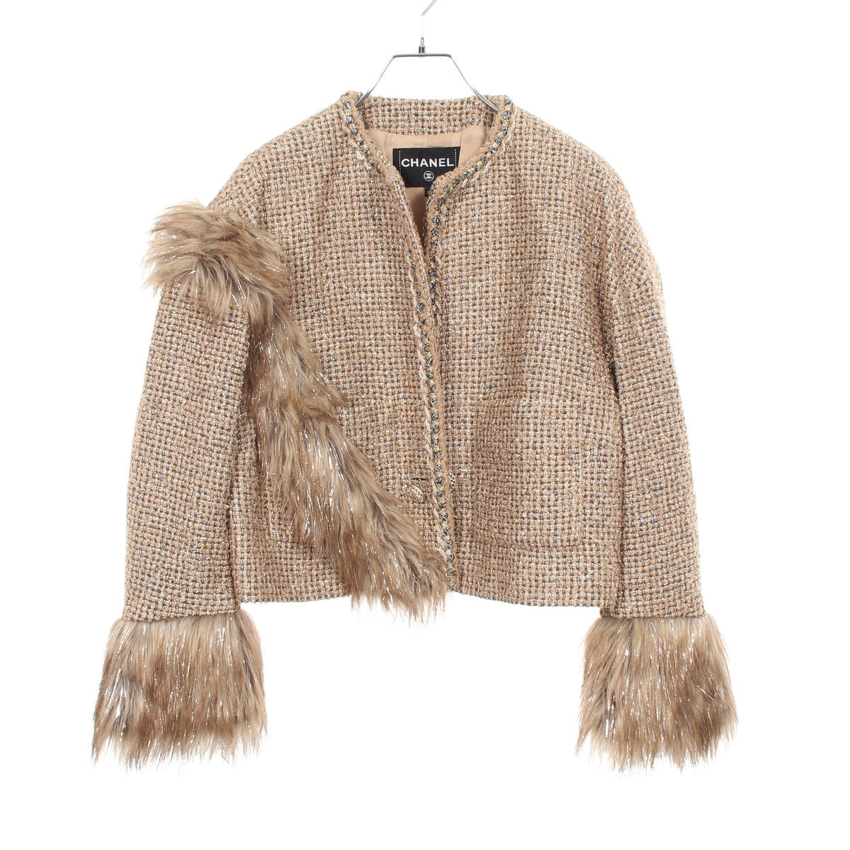ココマークボタン ファー ショート ツイード ノーカラージャケット ウール ビスコース ベージュ ゴールド シャネル アウター CHANEL