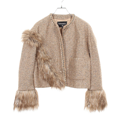ココマークボタン ファー ショート ツイード ノーカラージャケット ウール ビスコース ベージュ ゴールド シャネル アウター CHANEL