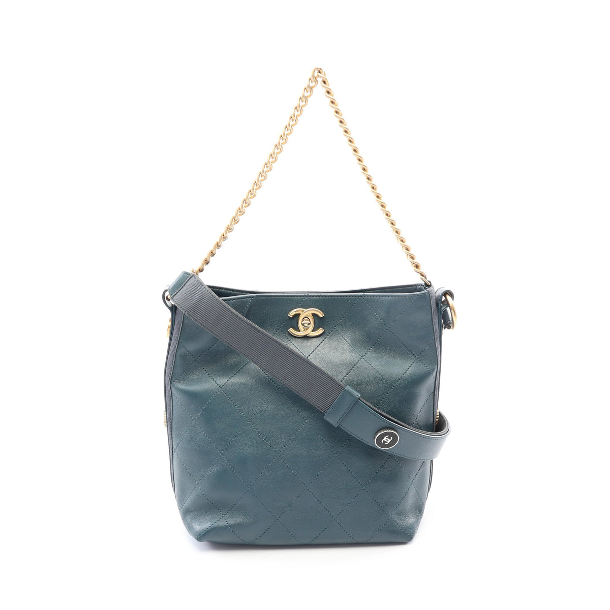 マトラッセ 2WAY ショルダーバッグ レザー ブルーグリーン ゴールド金具 シャネル