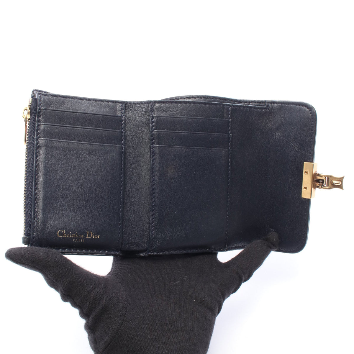 アディクト オブリーク 三つ折り財布 キャンバス レザー ネイビー ベージュ クリスチャンディオール
