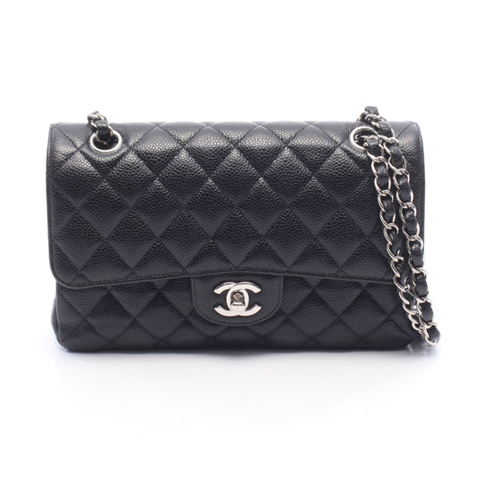 マトラッセ Wフラップ Wチェーンショルダーバッグ キャビアスキン ブラック シルバー金具 シャネル バッグ CHANEL