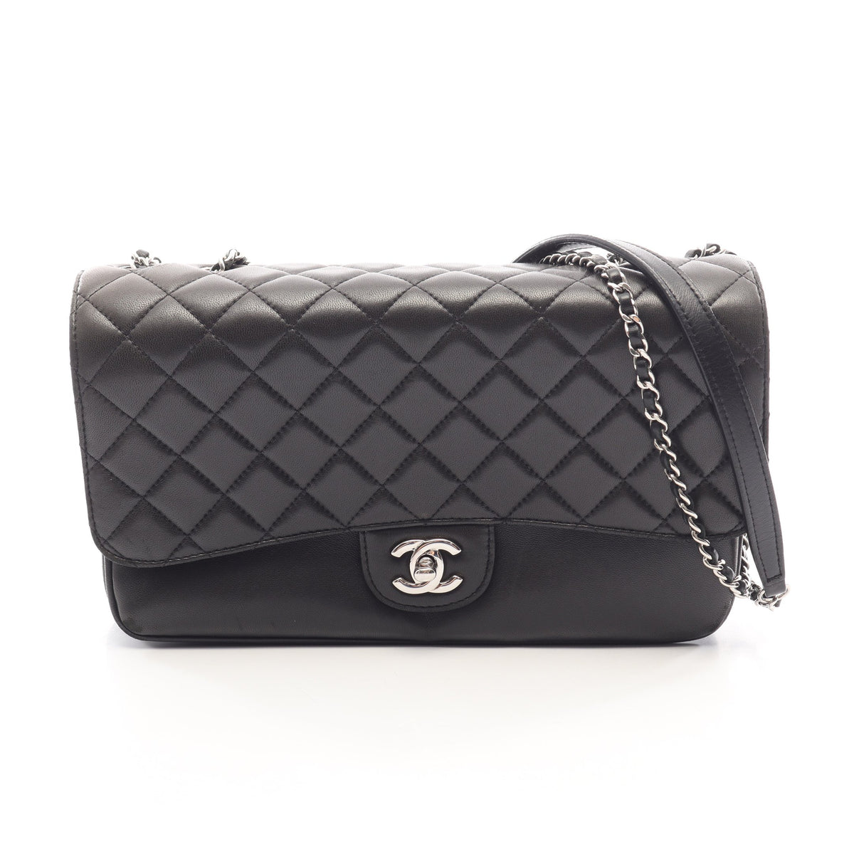 マトラッセ Wチェーンショルダーバッグ ラムスキン ブラック シルバー金具 シャネル バッグ CHANEL
