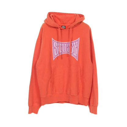 STUSSY × Champion ロゴプリント ユーズド加工 プルオーバーパーカー コットン オレンジ ステューシー