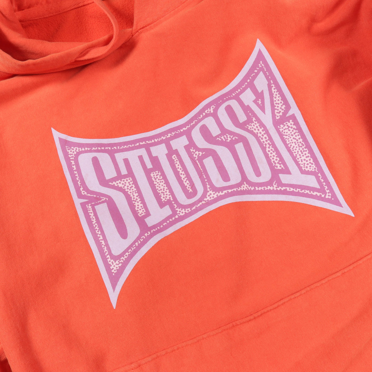 STUSSY × Champion ロゴプリント ユーズド加工 プルオーバーパーカー コットン オレンジ ステューシー