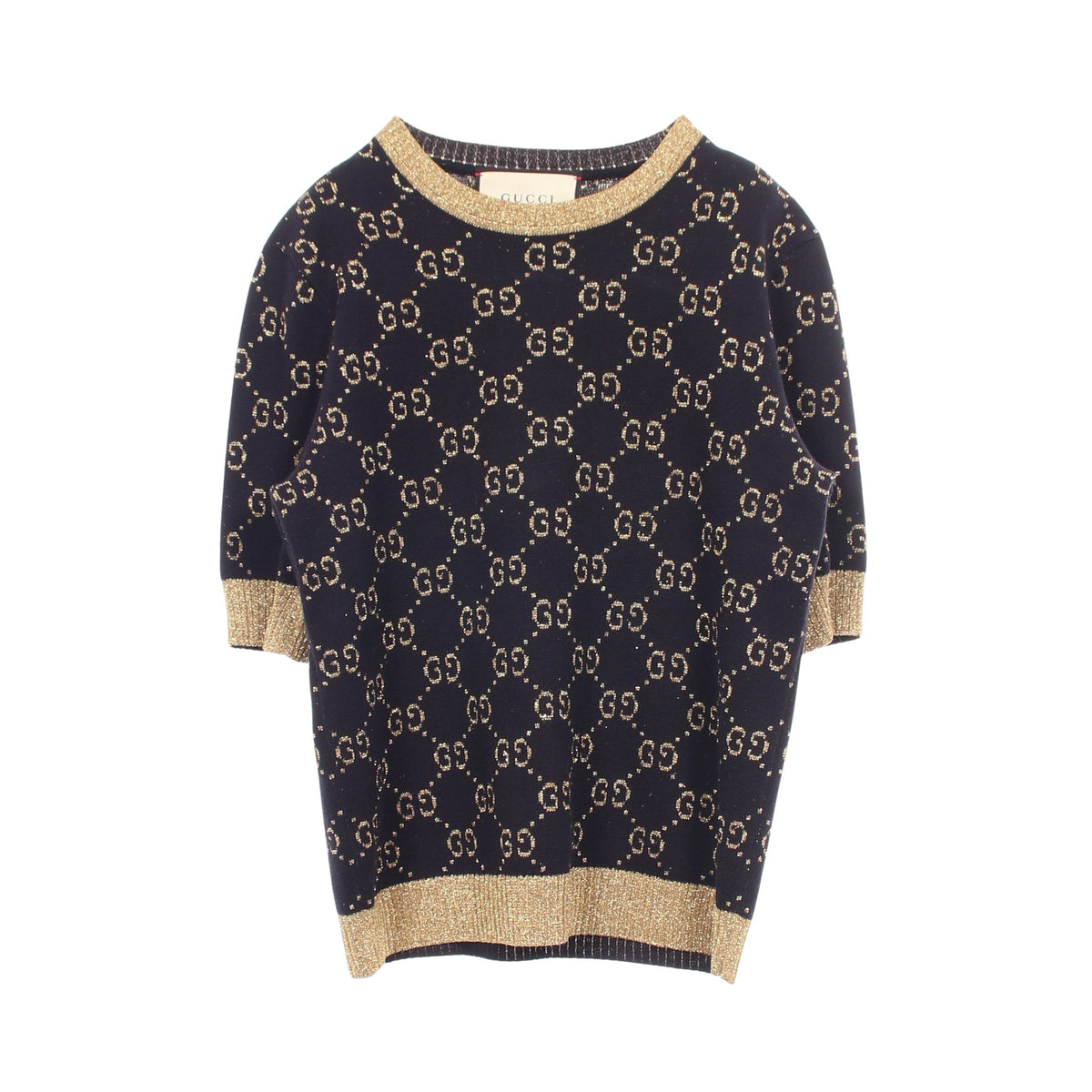 GGコットンラメ 半袖 ニット コットン ネイビー ゴールド グッチ トップス GUCCI