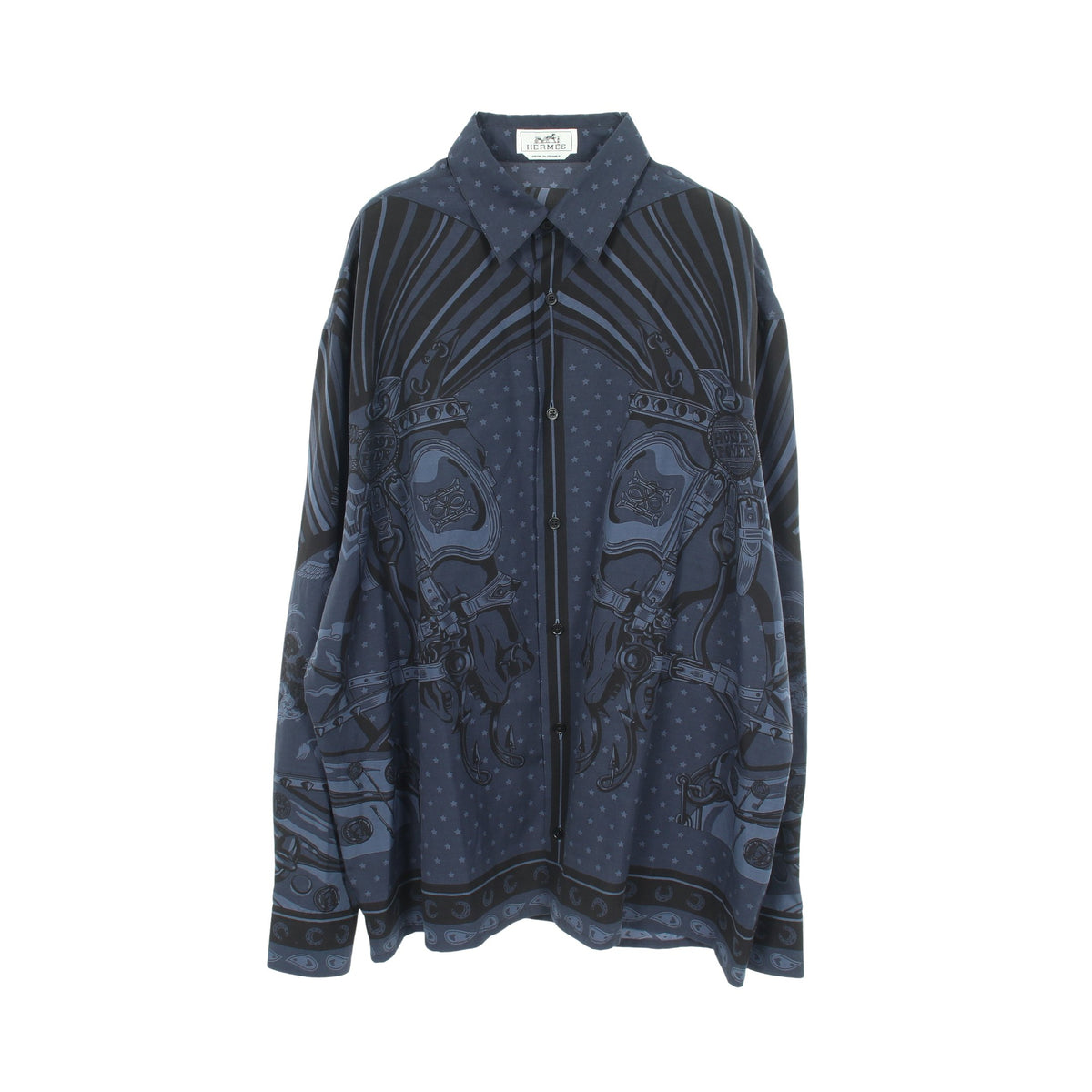 Cheval Punk Bandana 長袖 シャツ シルク コットン ネイビー ブラック エルメス