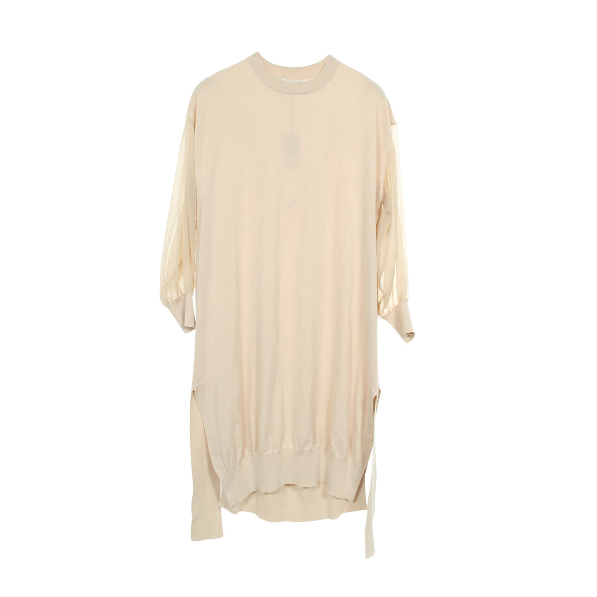 CREW NECK SWEATER DRESS WITH SHEER SLEEVES ニットワンピース コットン ライトベージュ ハイク ワンピース HYKE
