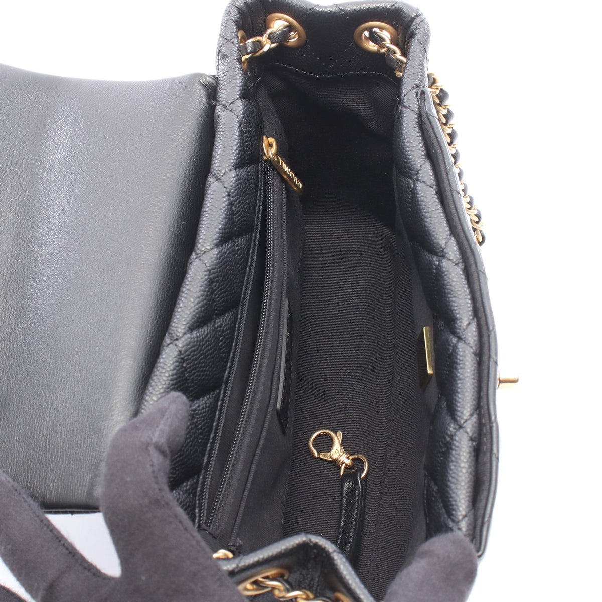 マトラッセ トップハンドル 2WAY チェーンショルダーバッグ キャビアスキン レザー ブラック ゴールド金具 シャネル