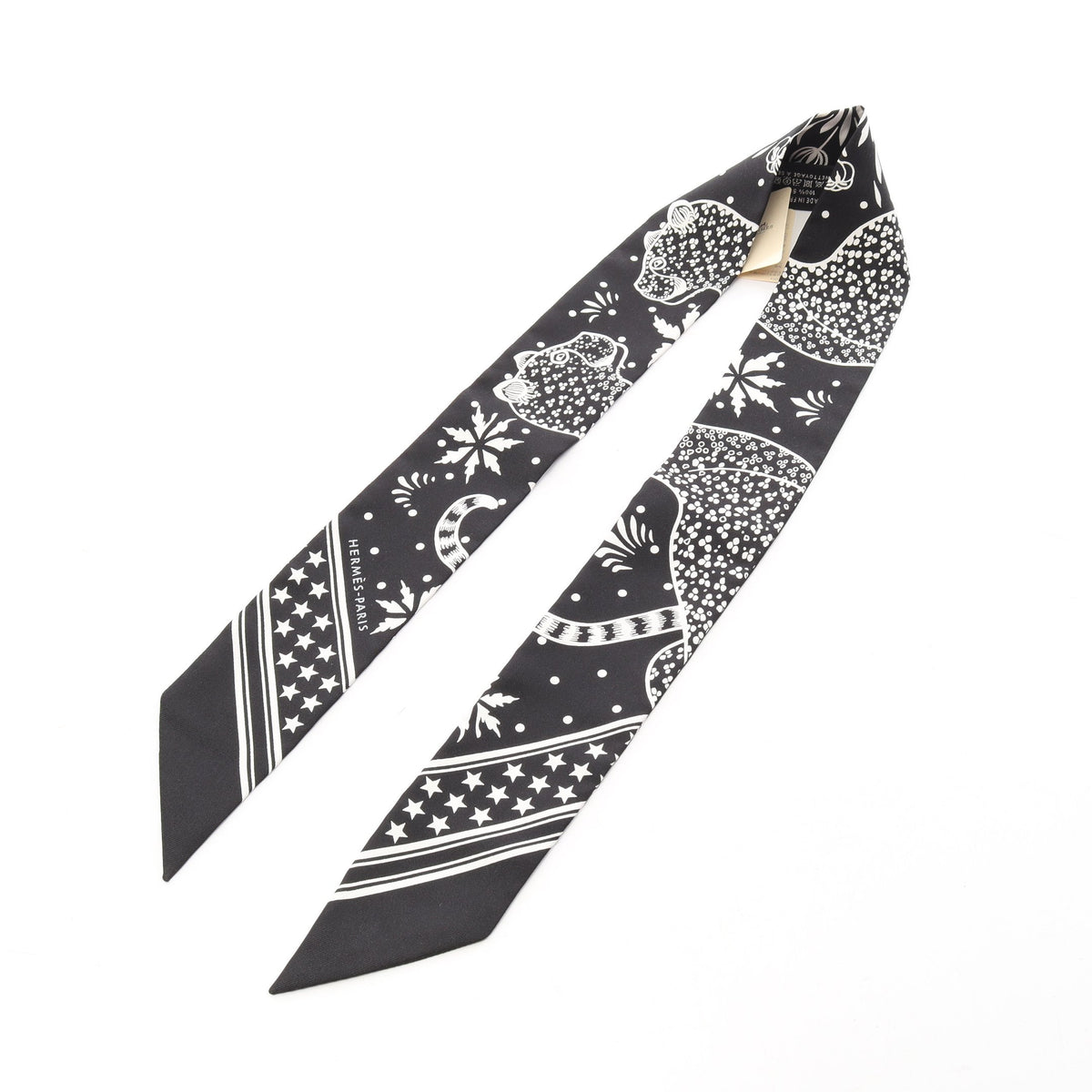 ツイリー Les Leopards Bandana リボン スカーフ シルク ブラック ホワイト エルメス 財布・小物 HERMES