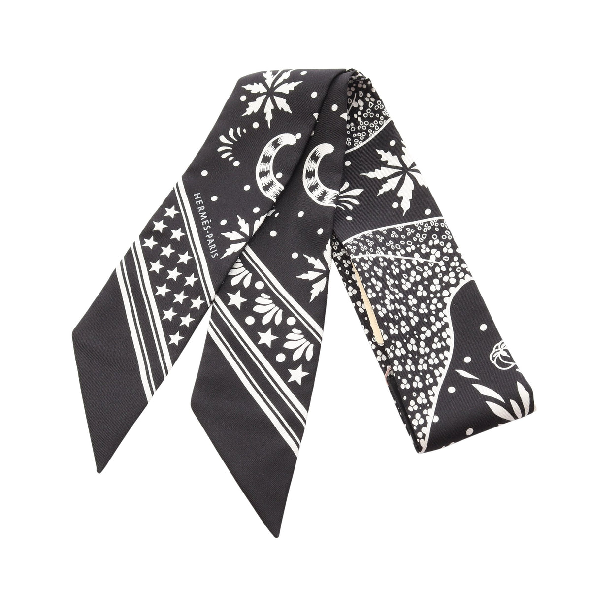 ツイリー Les Leopards Bandana リボン スカーフ シルク ブラック ホワイト エルメス 財布・小物 HERMES