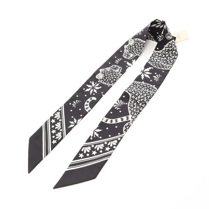 ツイリー Les Leopards Bandana リボン スカーフ シルク ブラック ホワイト エルメス 財布・小物 HERMES