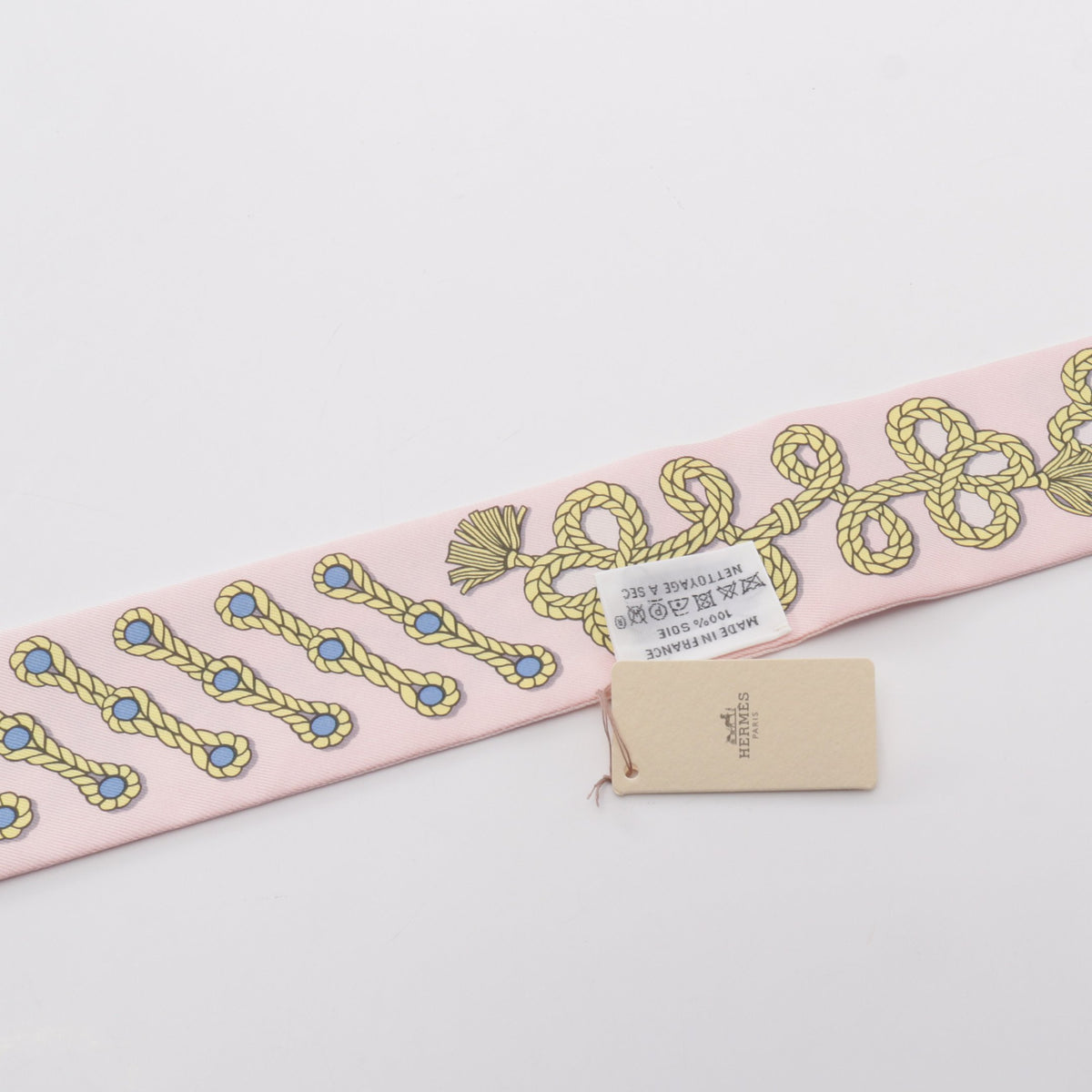 ツイリー Galons et Brandebourgs リボン スカーフ シルク ライトピンク イエロー ライトブルー エルメス 財布・小物 HERMES