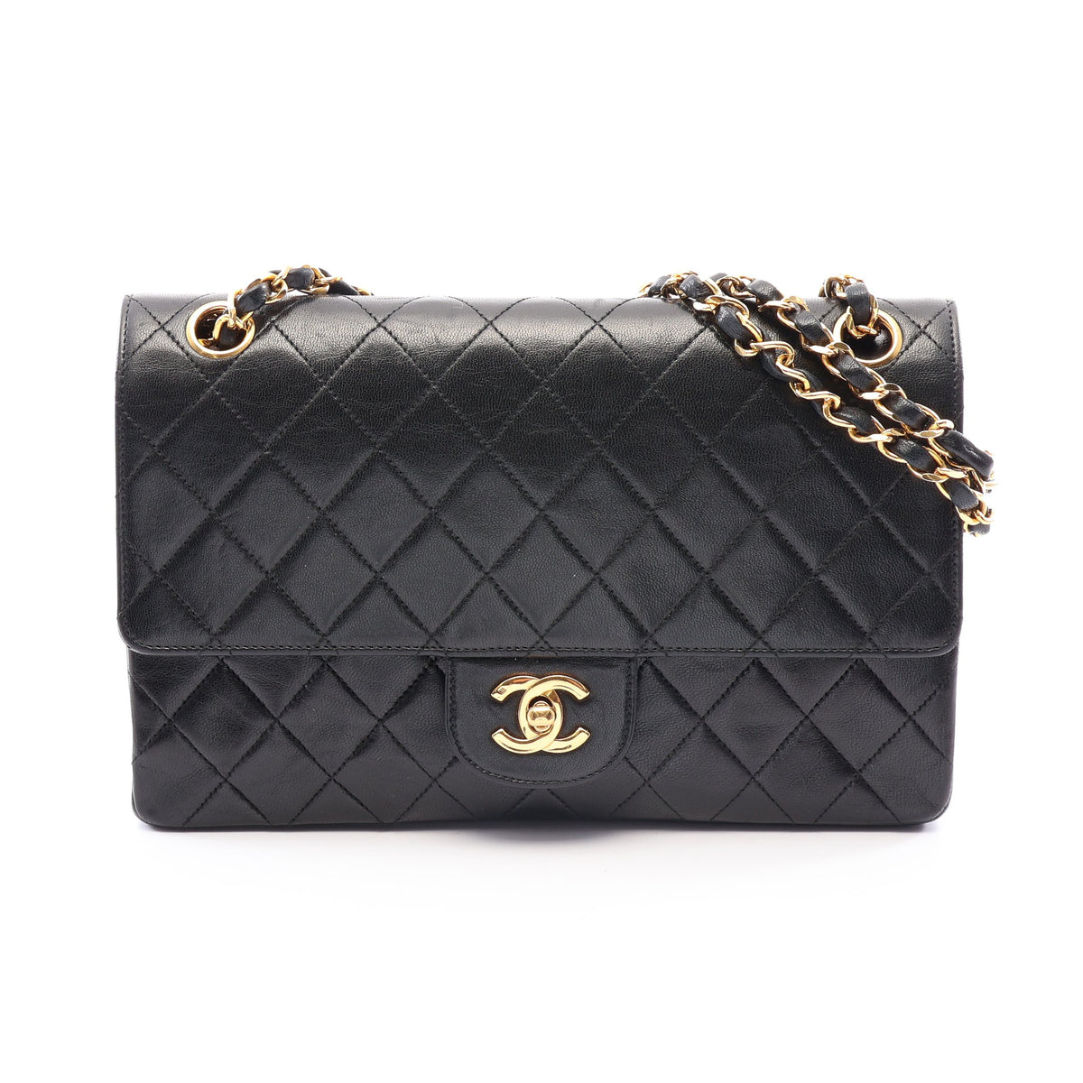 マトラッセ Wフラップ Wチェーンショルダーバッグ ラムスキン ブラック ゴールド金具 ヴィンテージ シャネル バッグ CHANEL