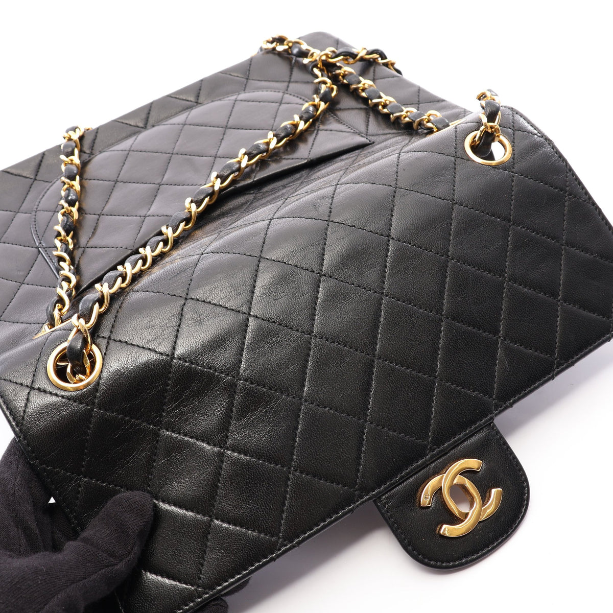マトラッセ Wフラップ Wチェーンショルダーバッグ ラムスキン ブラック ゴールド金具 ヴィンテージ シャネル バッグ CHANEL