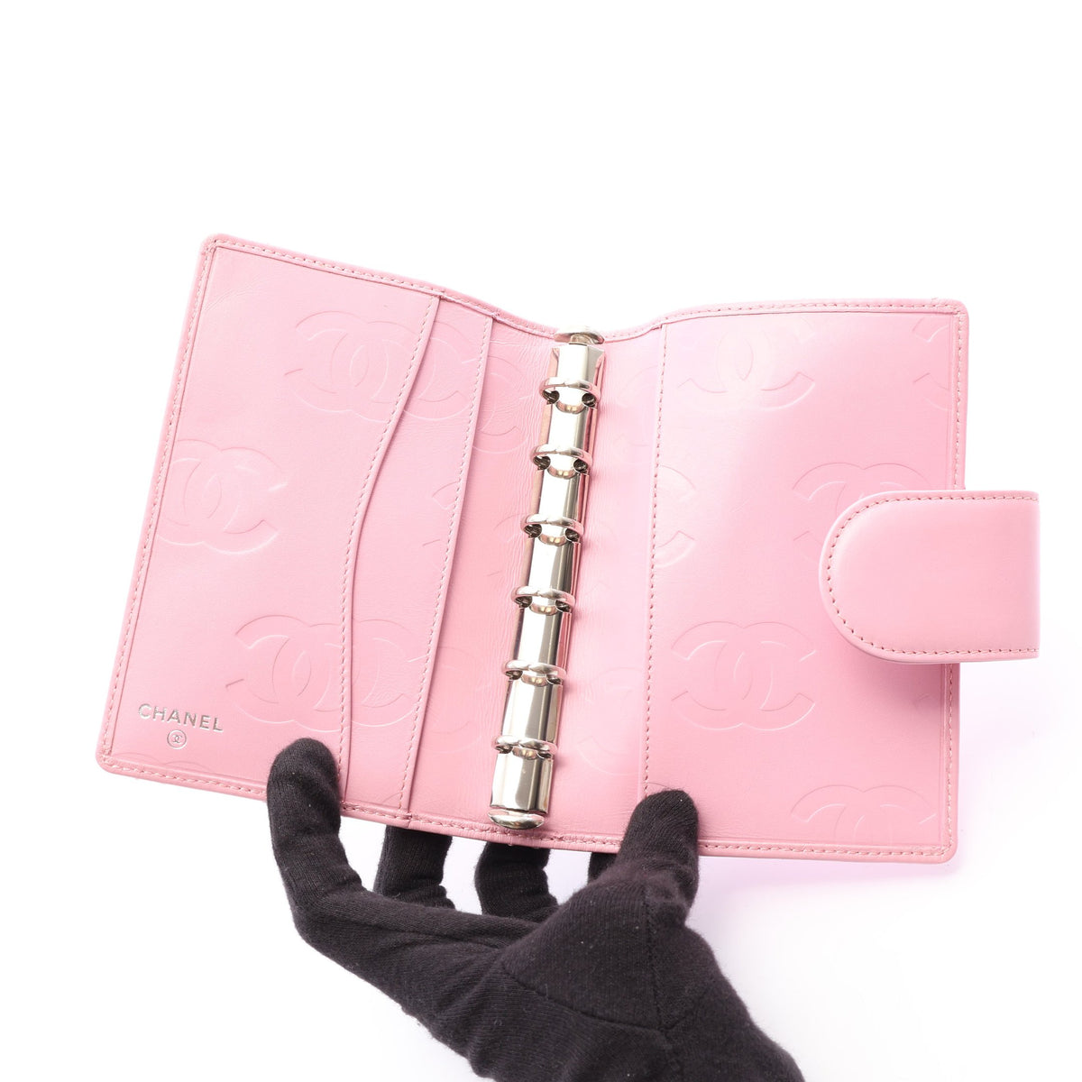 カンボンライン 手帳カバー ラムスキン ピンク ブラック シルバー金具 シャネル