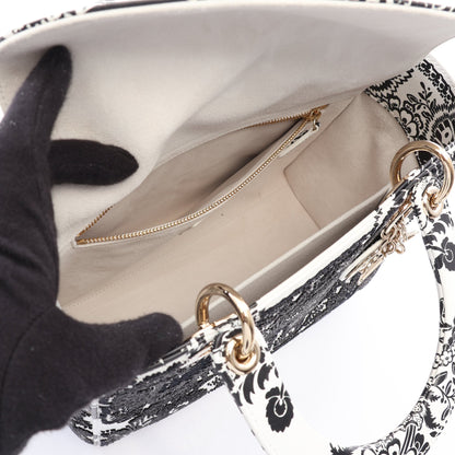 LADY DIOR レディディオール ビーズ 2WAY ハンドバッグ レザー ホワイト ブラック クリスチャンディオール