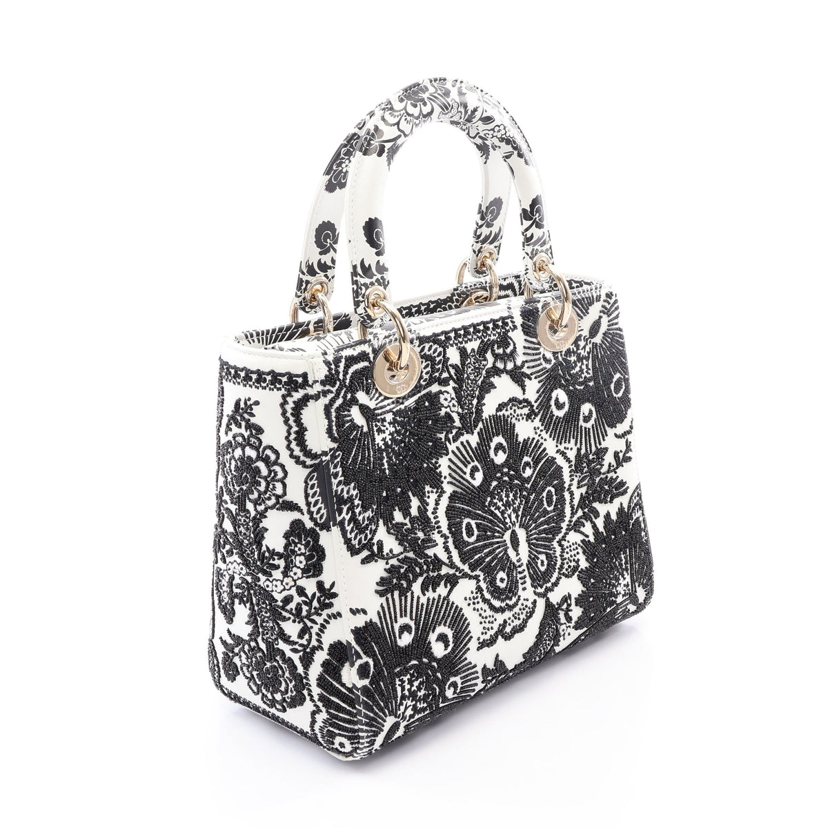 LADY DIOR レディディオール ビーズ 2WAY ハンドバッグ レザー ホワイト ブラック クリスチャンディオール