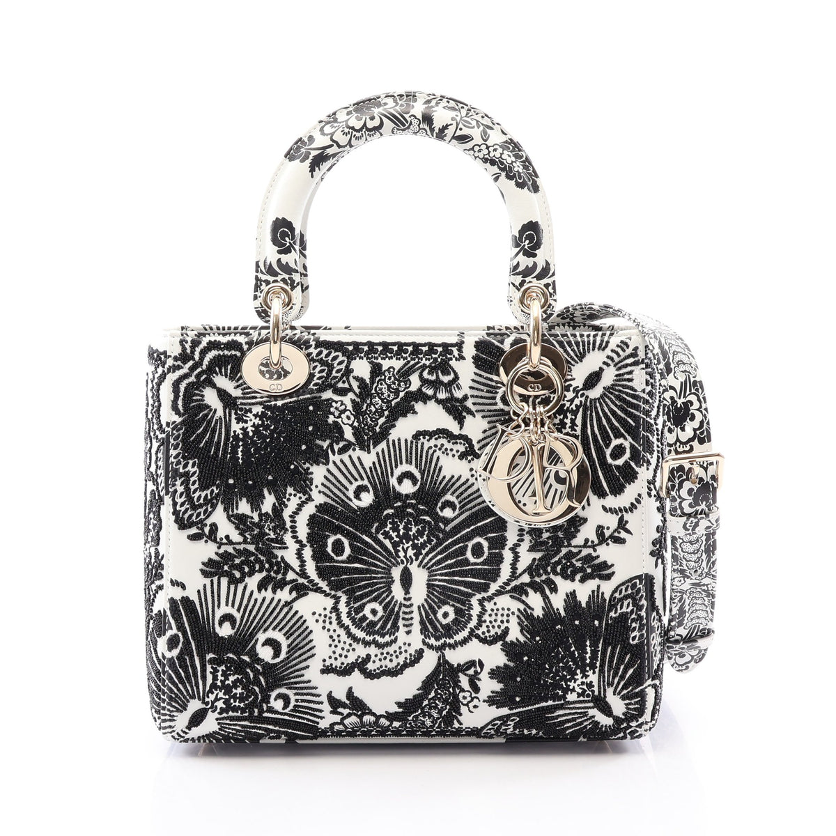 LADY DIOR レディディオール ビーズ 2WAY ハンドバッグ レザー ホワイト ブラック クリスチャンディオール