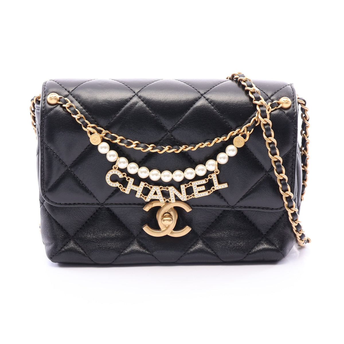 マトラッセ ミニフラップバッグ チェーンショルダーバッグ ラムスキン ブラック ゴールド金具 シャネル バッグ CHANEL