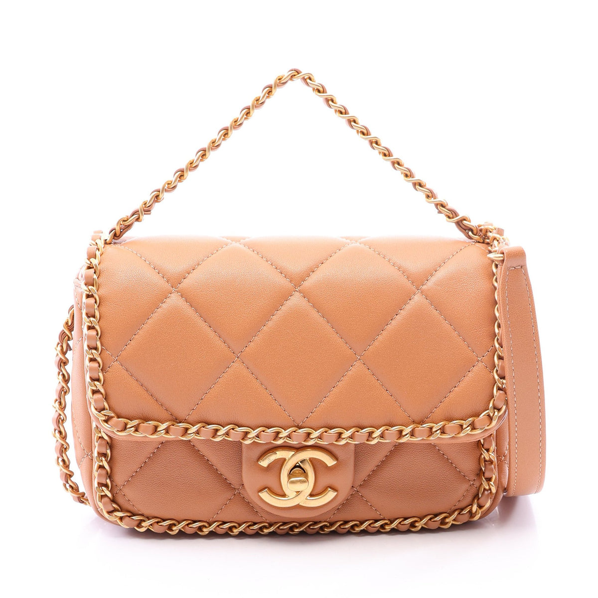 マトラッセ 2WAY チェーンショルダーバッグ ラムスキン ライトブラウン ゴールド金具 シャネル バッグ CHANEL