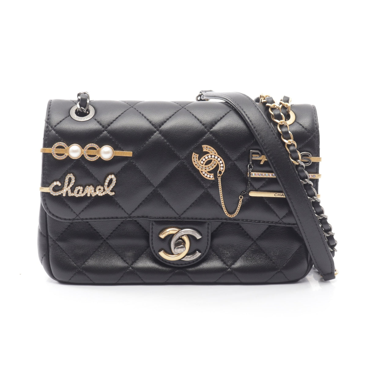 マトラッセ クリップココ コンビ金具 チェーンショルダーバッグ ラムスキン ブラック シャネル バッグ CHANEL