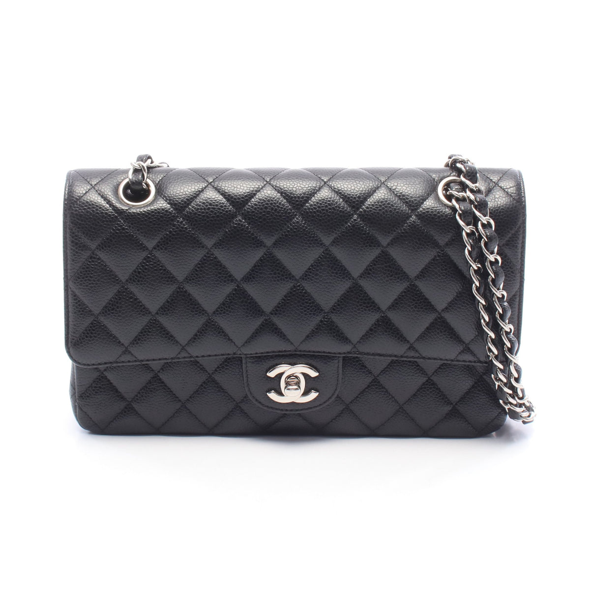 マトラッセ Wフラップ Wチェーンショルダーバッグ キャビアスキン ブラック シルバー金具 シャネル バッグ CHANEL
