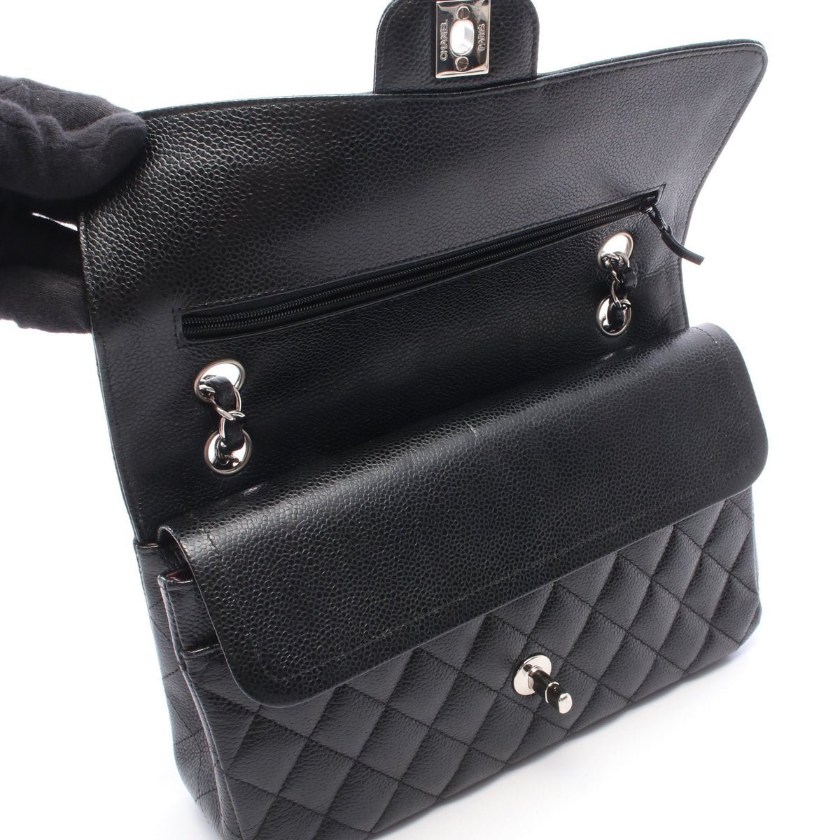 マトラッセ Wフラップ Wチェーンショルダーバッグ キャビアスキン ブラック シルバー金具 シャネル バッグ CHANEL